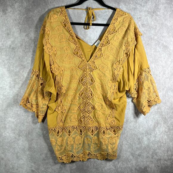 Mind Set By XCVI Top Womens Large Yellow Lace Crochet V-Neck Boho Festival NEW - Picture 1 of 9